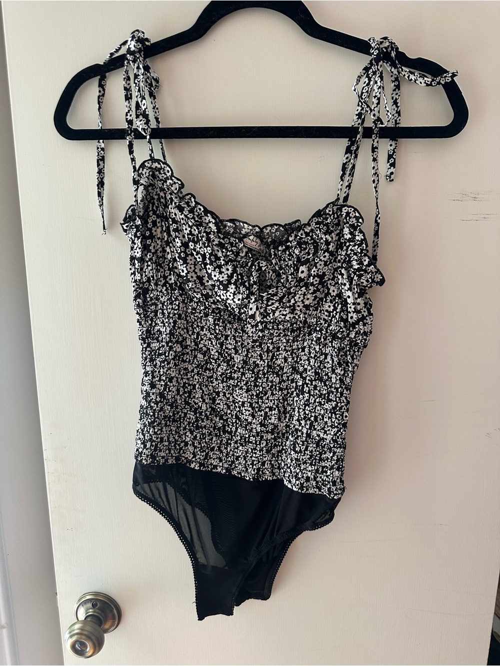 Free People Black & White Floral Tie-Shoulder One-Piece